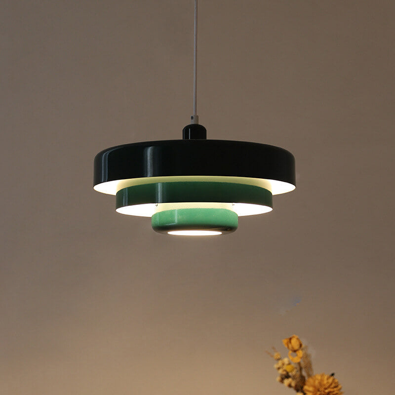 Nordic Vintage Multi-Layer Pendant Lamp – Retro Layered Round Shade Hanging Light in Orange, Green or White, Glare-Free