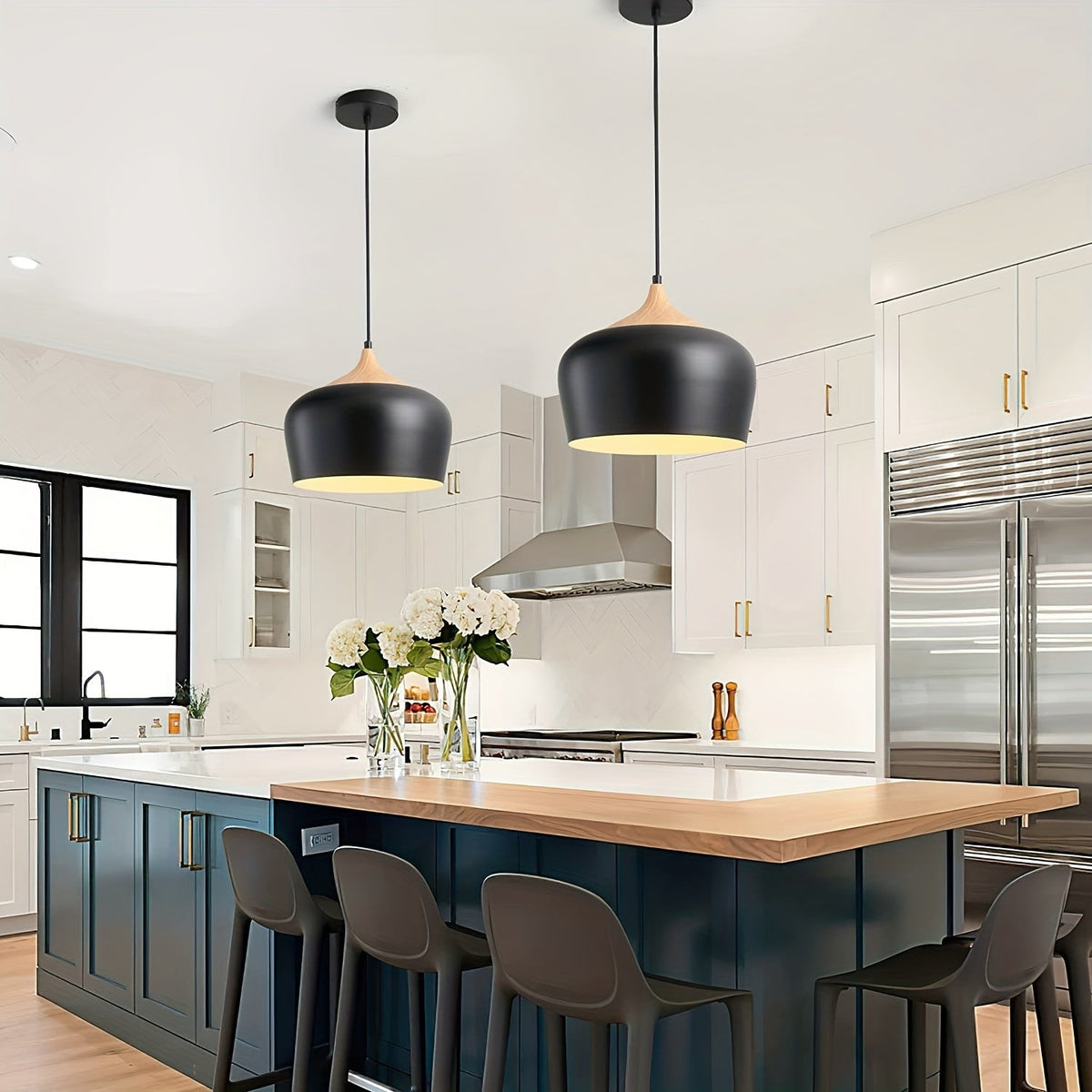Modern Scandinavian Iron & Wood Grain Pendant Light – Matte Metal Dome Hanging Lamp for Kitchen Island, Dining & Living Room