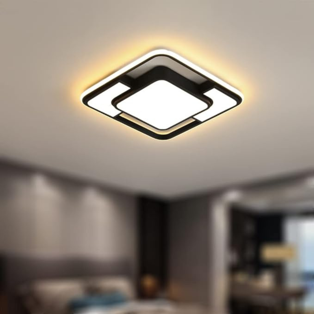Modern Geometric LED Ceiling Light with Remote Control – Dimmable Layered Flush Mount Fixture for Living Room & Bedroom