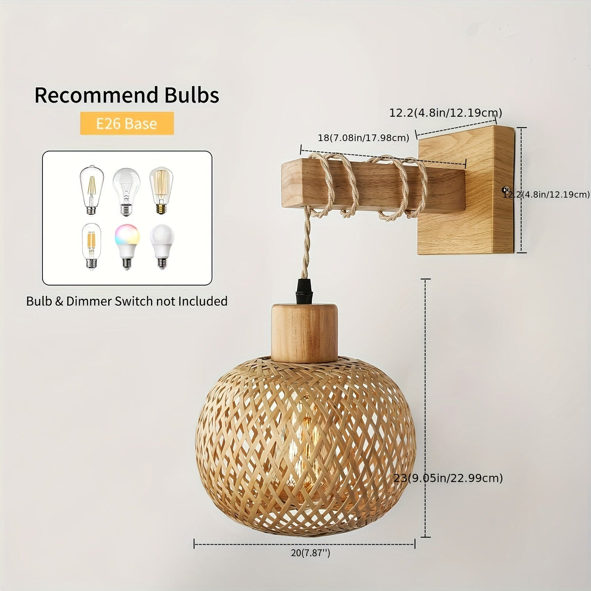 Rustic Handwoven Rattan & Solid Wood Wall Sconce – Natural Boho Wall Light Fixture for Bedroom, Hallway & Dining Room