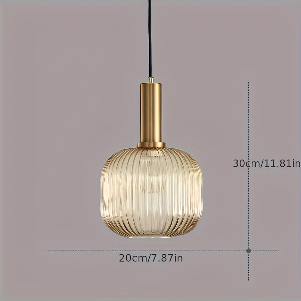 Modern Ribbed Glass Pendant Light – Striped Glass Shade with Polished Brass Finish, Kitchen Island & Dining Hanging Lamp