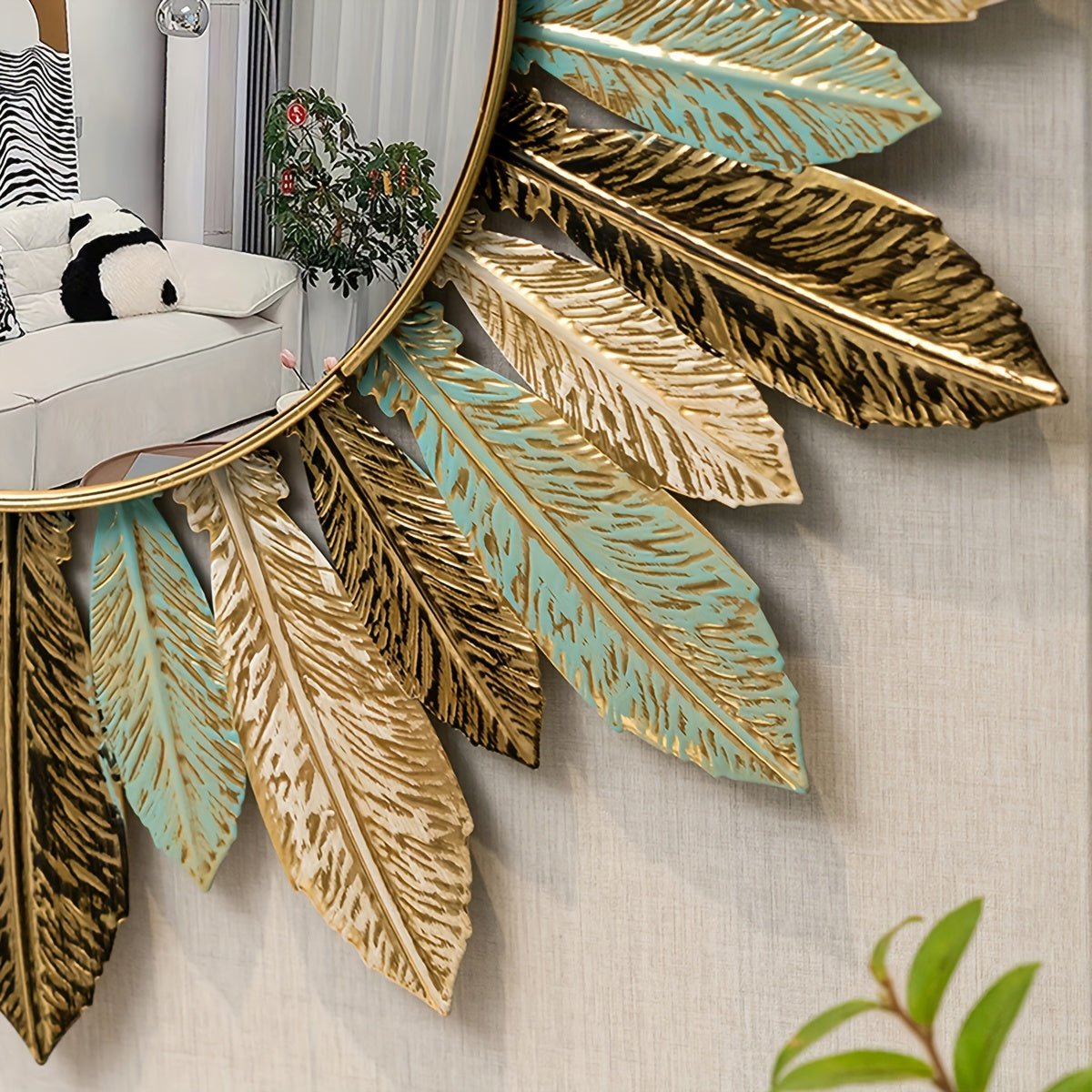 Bohemian Sunburst Wall Mirror – Teal & Gold Metal Leaf Decorative Round Mirror for Living Room & Entryway