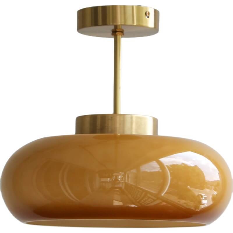 Vintage Brass Semi-Flush Ceiling Light with Yellow Glass Shade – Classic E26 Fixture in Brass or Electroplated Copper