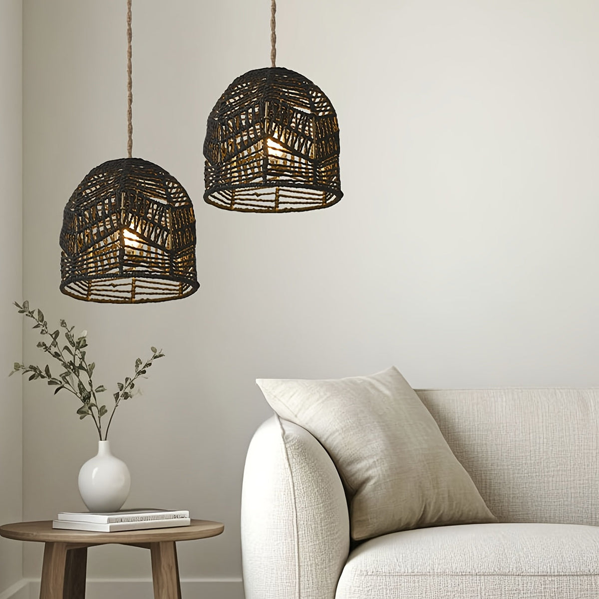Handwoven Rope Dome Pendant Light Shade – Rustic Farmhouse Coastal Woven Lampshade Chandelier in White, Brown or Black