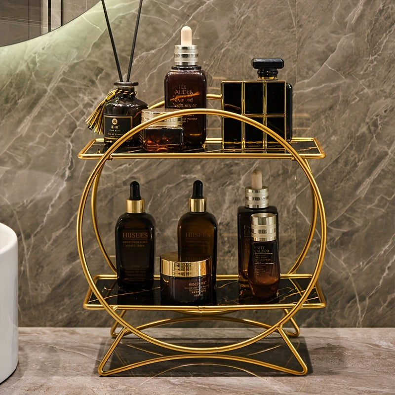 2-Tier Bathroom Organizer with Cat-Ear Base – Metal & Marble-Look Cosmetic, Perfume and Skincare Storage Shelf for Vanity