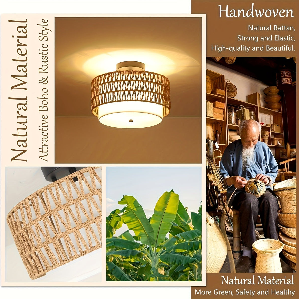 Boho Rattan Ceiling Light with Linen Diffuser – Coastal Semi-Flush Mount Fixture for Bedroom, Dining & Living Room