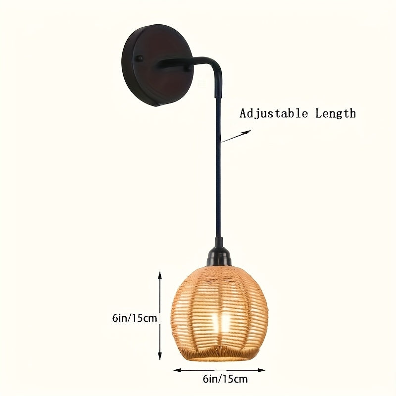 Boho Handwoven Rattan Wall Lamp – Natural Woven Bedside & Living Room Wall Sconce with Soft Golden Light