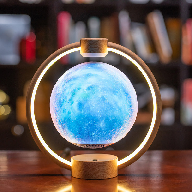 Levitating Moon Lamp – Floating 5.9 in Sphere with Bluetooth Speaker, Color Lights & Remote, Wood or Black Frame