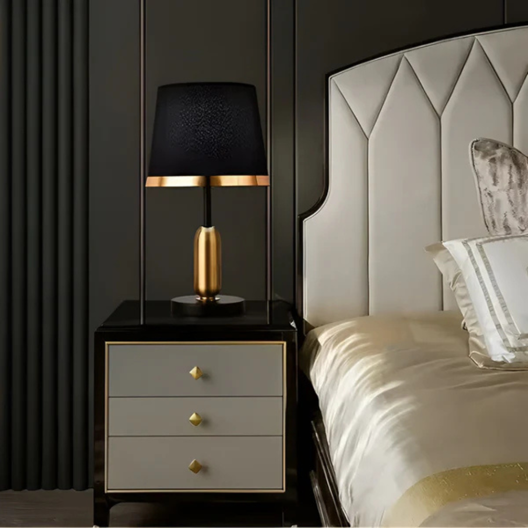 Vintage Black & Gold Table Lamp – Modern Retro Accent Lamp with Matte Black Shade and Gold Trim for Bedroom & Living Room