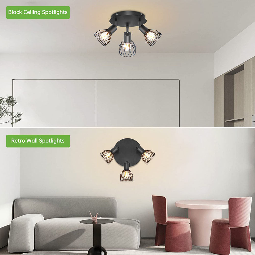 Industrial Adjustable Black Spotlight Ceiling Light – Vintage Geometric Wire Cage Fixture for Kitchen, Hallway & Bedroom