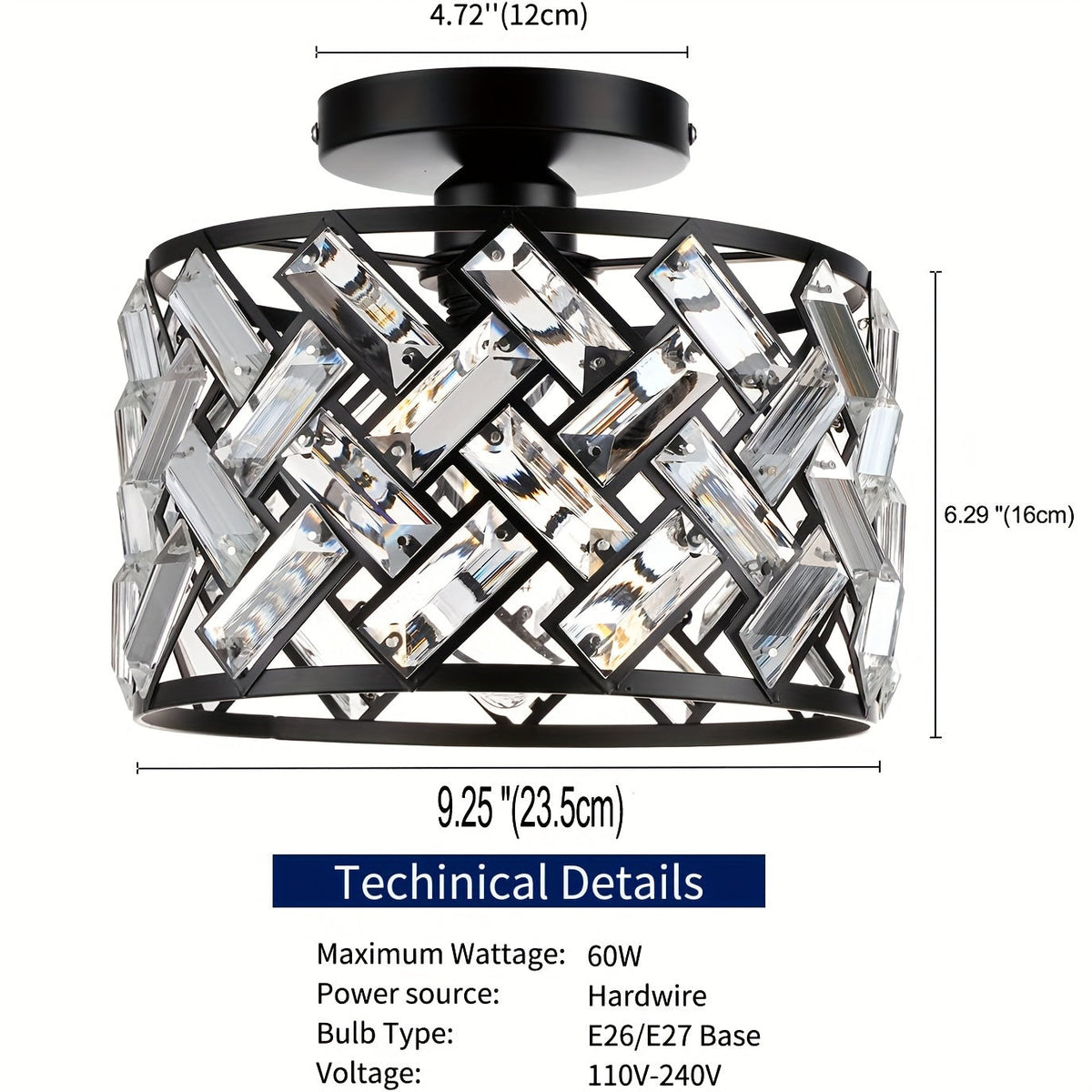 Modern Crystal Semi-Flush Mount Ceiling Light – Black Lattice Frame Chandelier with Clear Crystals for Bedroom & Dining