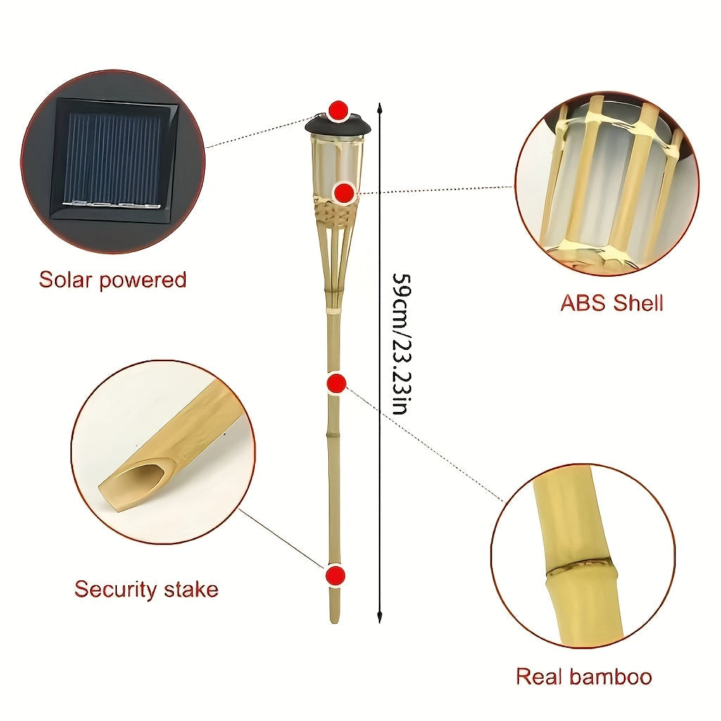 Solar Bamboo Flame Torch Lanterns 2-Pack – 12-LED Flickering Flame Outdoor Garden Lights, Auto On Dusk to Dawn, Tiki Style