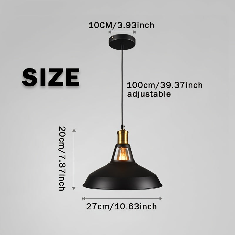 Industrial Metal Pendant Light – Retro Loft Matte Dome Hanging Lamp with Brass Accent, 100 cm Adjustable Cable, Black or White