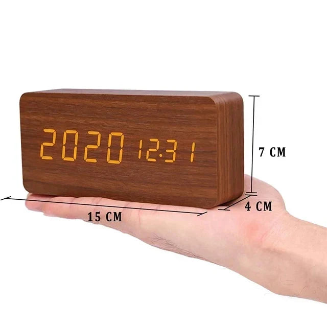 WoodWatch Smart LED Alarm Clock – Voice-Activated Wooden Digital Clock with 3 Alarms & Temperature Display, Block or Triangle