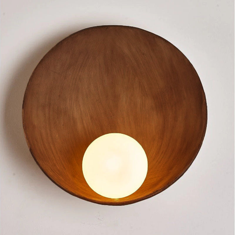 Minimalist Round Resin & Iron Wall Sconce – Organic Bowl Wall Light with Frosted Glass, White or Wood for Bedroom & Study