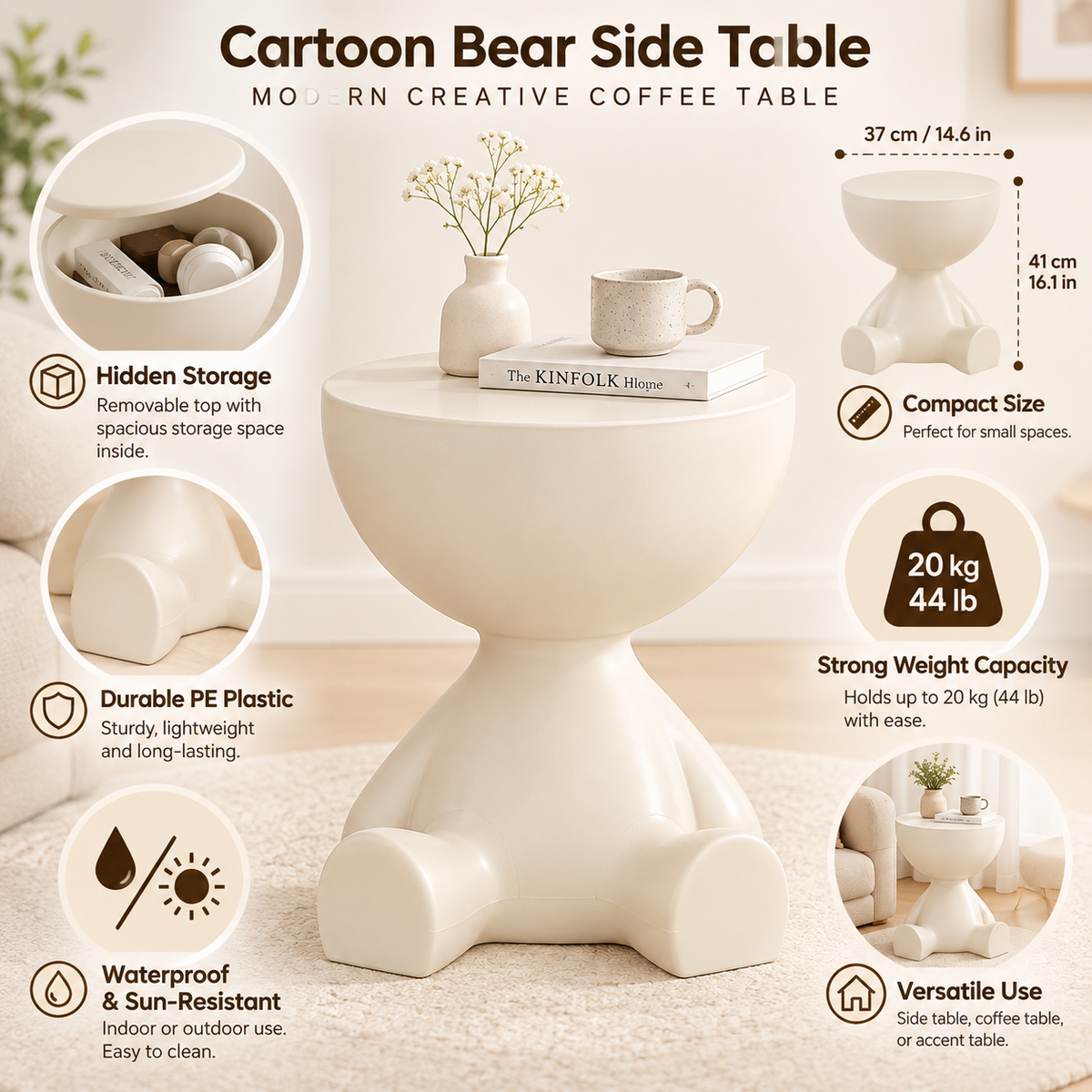 Cartoon Bear Side Table with Hidden Storage – Cute Modern Bear-Shaped End Table for Living Room, Bedroom & Kids Room