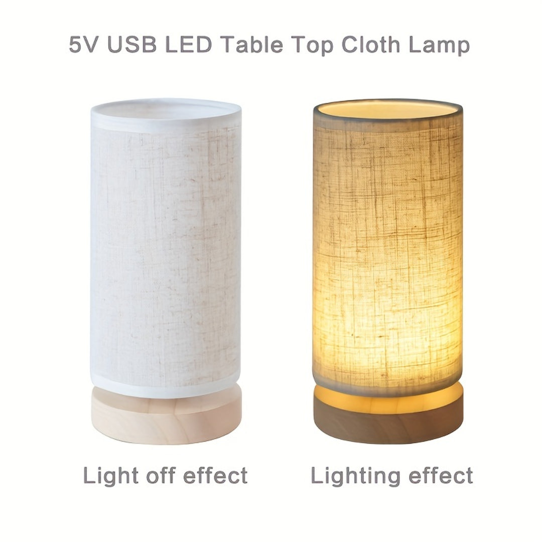 Modern Wooden USB Table Lamp – Natural Wood Base with Linen Fabric Shade, Cozy LED Bedside Lamp for Bedroom & Desk