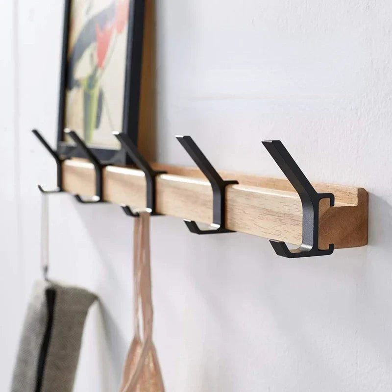 Nordic Wall Mounted Coat Rack – Adjustable Sliding Hooks, Wood & Black Entryway Hanger for Hats and Bags