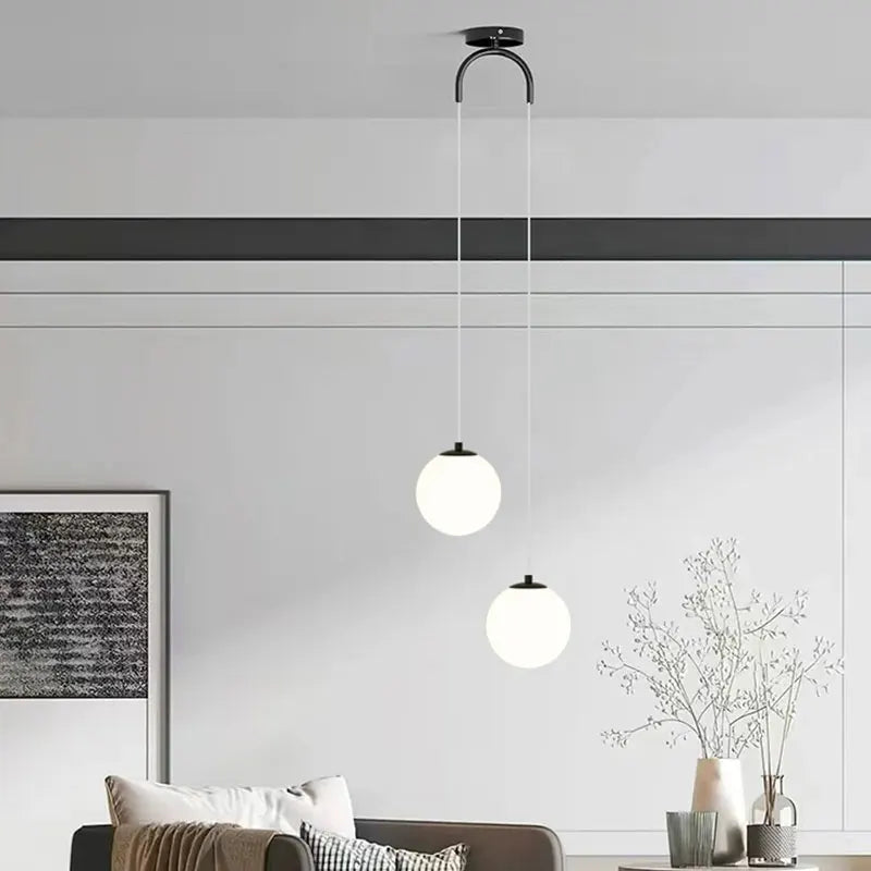 Luna Opal Glass Globe Pendant Light – Modern Nordic 1 or 2 Head Hanging Lamp in Black, White or Gold for Dining & Kitchen