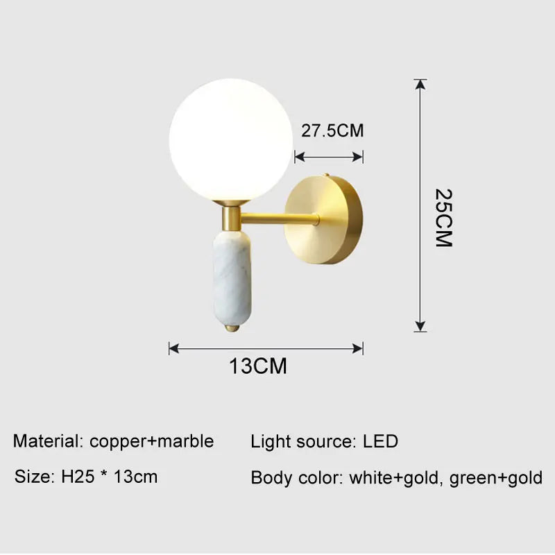 Luxury Marble & Glass Wall Sconce – Brushed Gold Designer Wall Lamp with Frosted Globe, White or Green Marble, Warm White