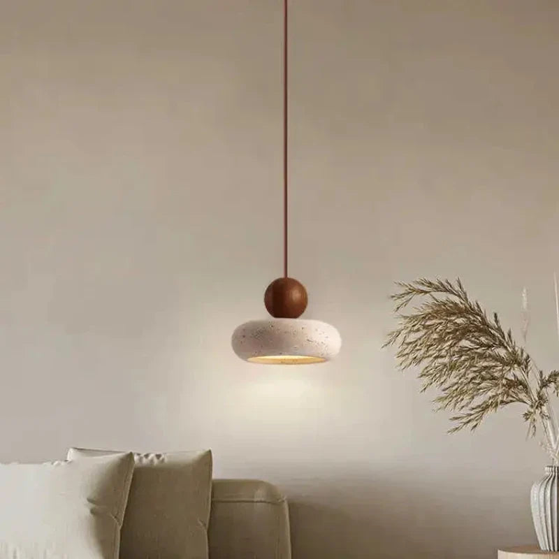 Natural Stone & Solid Wood Pendant Light – Vintage Minimalist Ceiling Lamp with Focused LED in Log or Walnut Finish