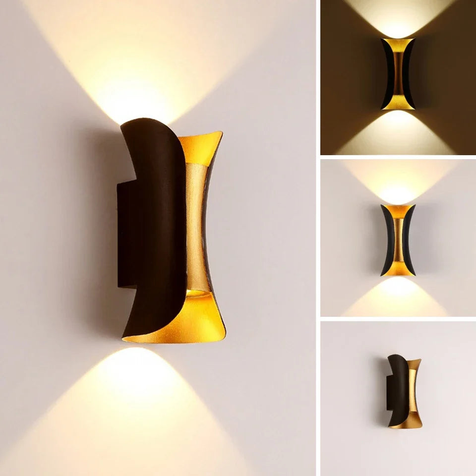 Modern Black & Gold Up & Down LED Wall Light – Waterproof Curved Indoor Outdoor Wall Sconce for Porch, Hallway & Living Room
