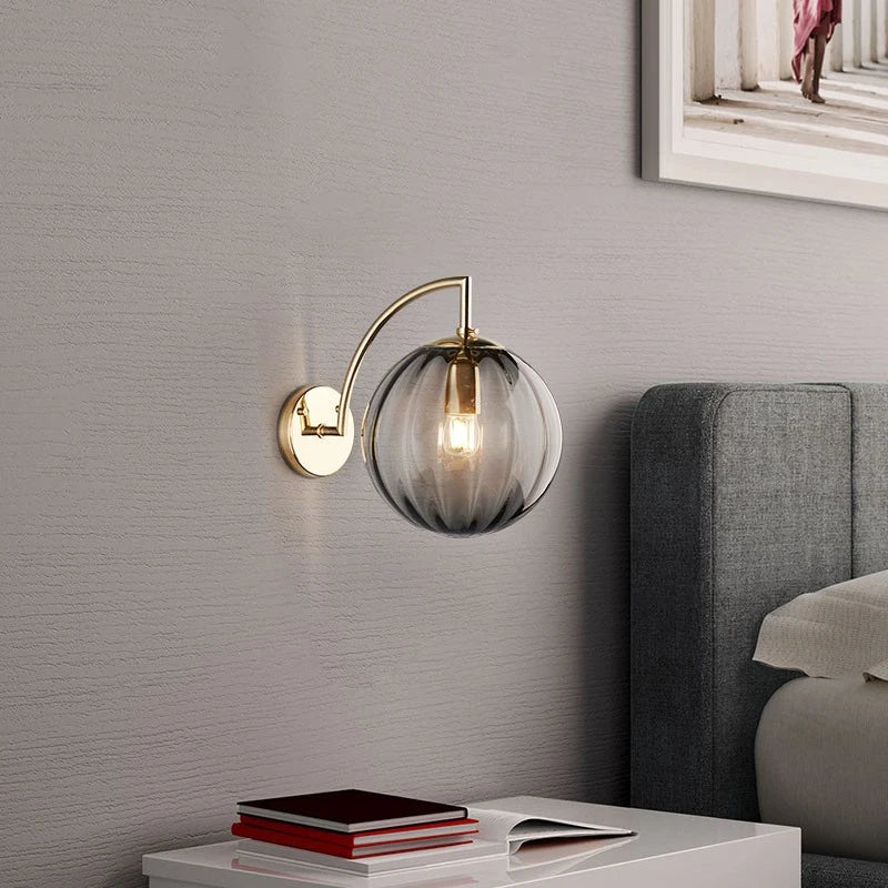 Modern Tinted Glass Ball Wall Lamp – Curved Brass Arm Wall Sconce with E27 Bulb in Red, Blue, Amber or Smoke Grey