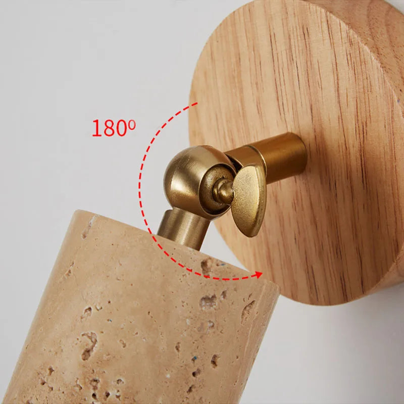 Huangdong Wabi-Sabi Travertine & Wood Wall Lamp – Japanese Natural Stone Wall Sconce with Focused Warm Light