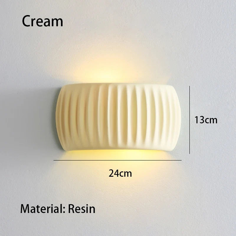 French Ribbed Resin Wall Lamp – Textured Up & Down Wall Sconce in Cream, Green or Brown Orange, Warm White for Bedroom & Hallway
