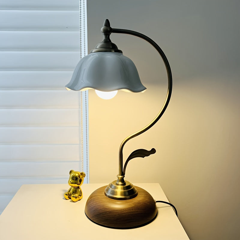 Vintage Gooseneck Table Lamp – Antique Brass USB Bedside Light with Floral Glass Shade, Classic Reading Lamp