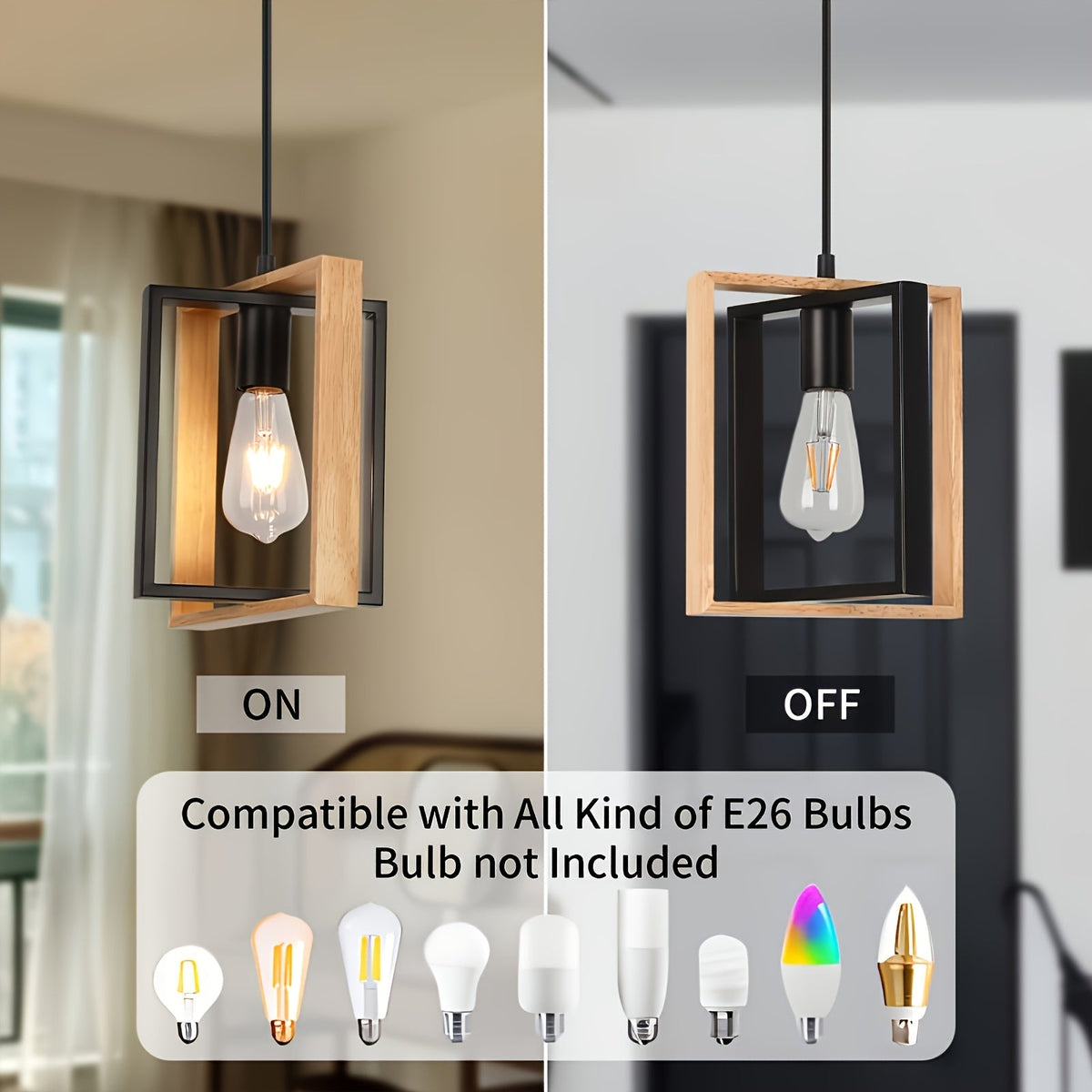 Modern Minimalist Geometric Industrial Pendant Light – Metal or Wood Frame Hanging Lamp for Kitchen Island, Dining & Cafe