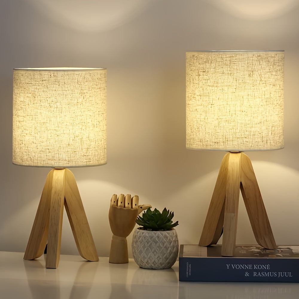 Nordic Wooden Tripod Table Lamp – Solid Wood Base with Linen Fabric Shade, Cozy Scandinavian Bedside & Living Room Lamp