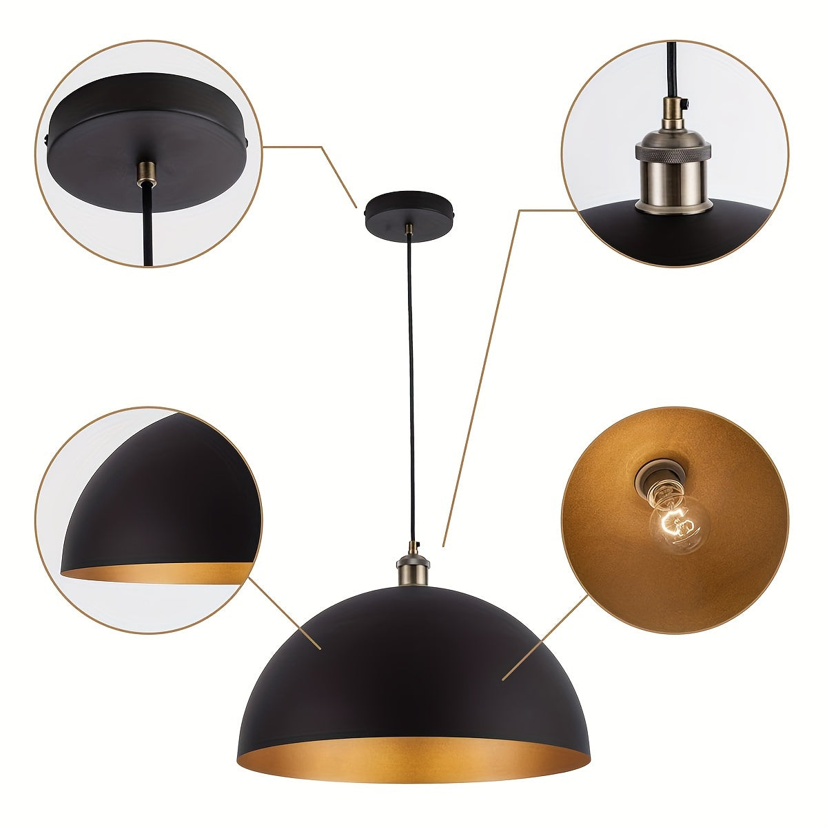 Vintage Industrial Dome Pendant Light – Black & Gold Iron Shade Hanging Lamp with Adjustable Cord for Kitchen Island & Dining