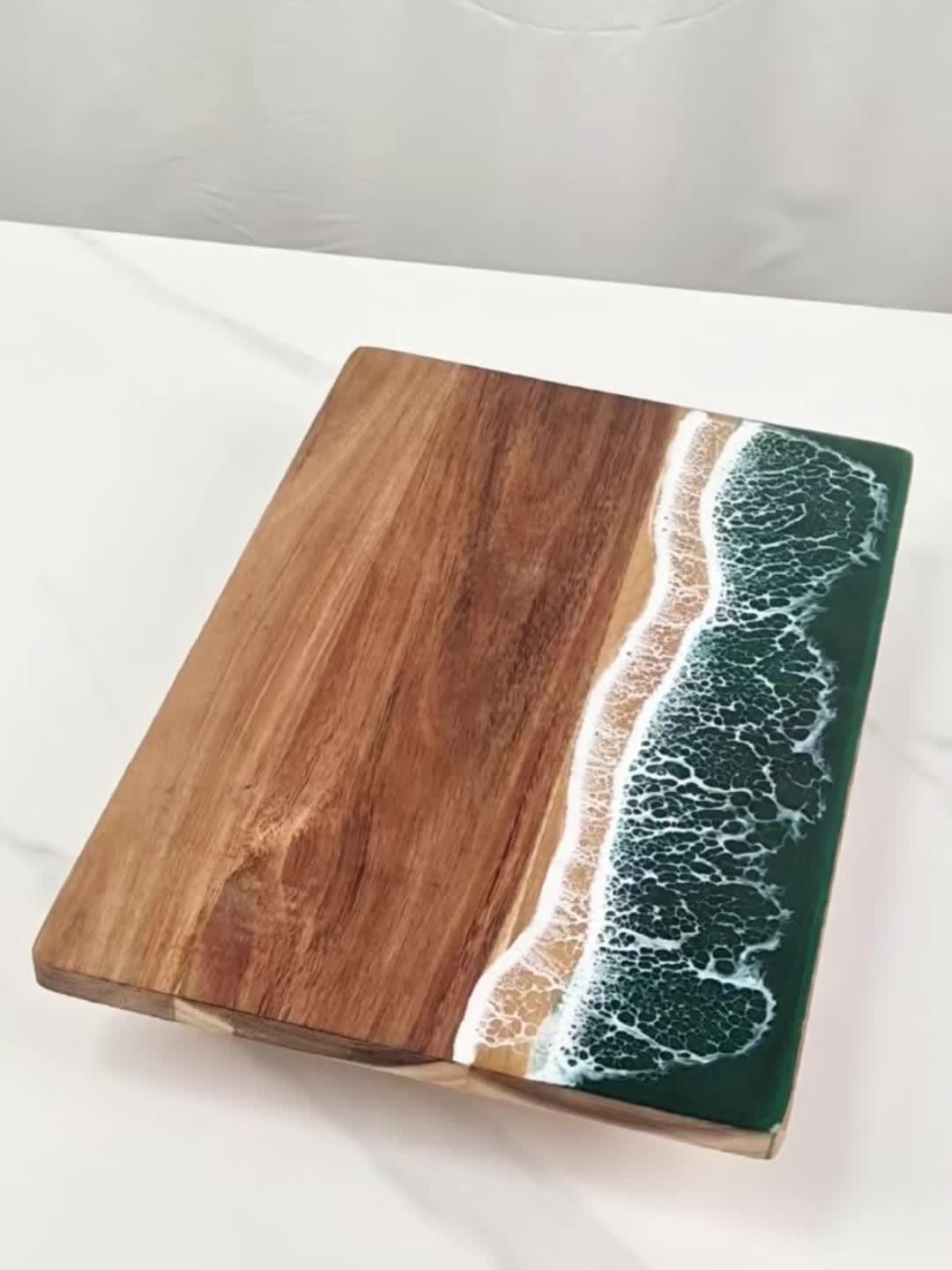 Ocean Wave Resin & Acacia Wood Cutting Board – Handcrafted Cheese, Charcuterie & Serving Board with River Resin Design