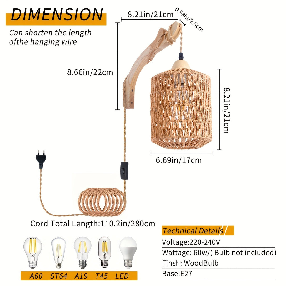 Boho Wood & Rattan Plug-In Wall Lamp – Handwoven Wall Sconce with 280 cm Cord, No Hardwiring Needed, Rental-Friendly