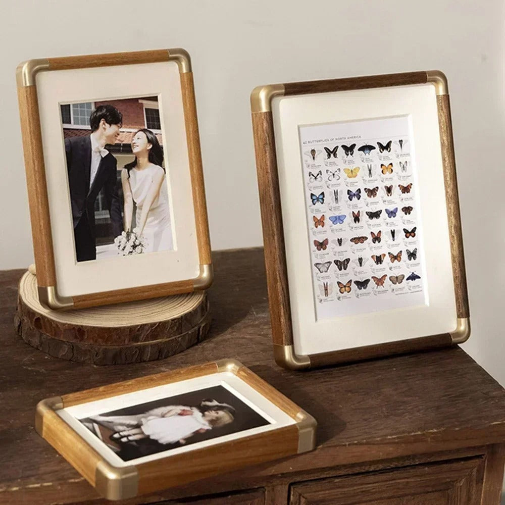 Brooks Wood & Brass Tabletop Photo Frame – Vintage Picture Frame in Teak or Walnut, 4x6, 5x7, 8x10
