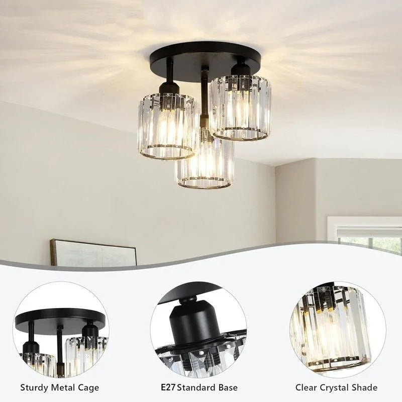 Modern Luxury Crystal Ceiling Light – 3-Light Semi-Flush Mount Chandelier in Gold or Black for Bedroom, Dining & Entryway