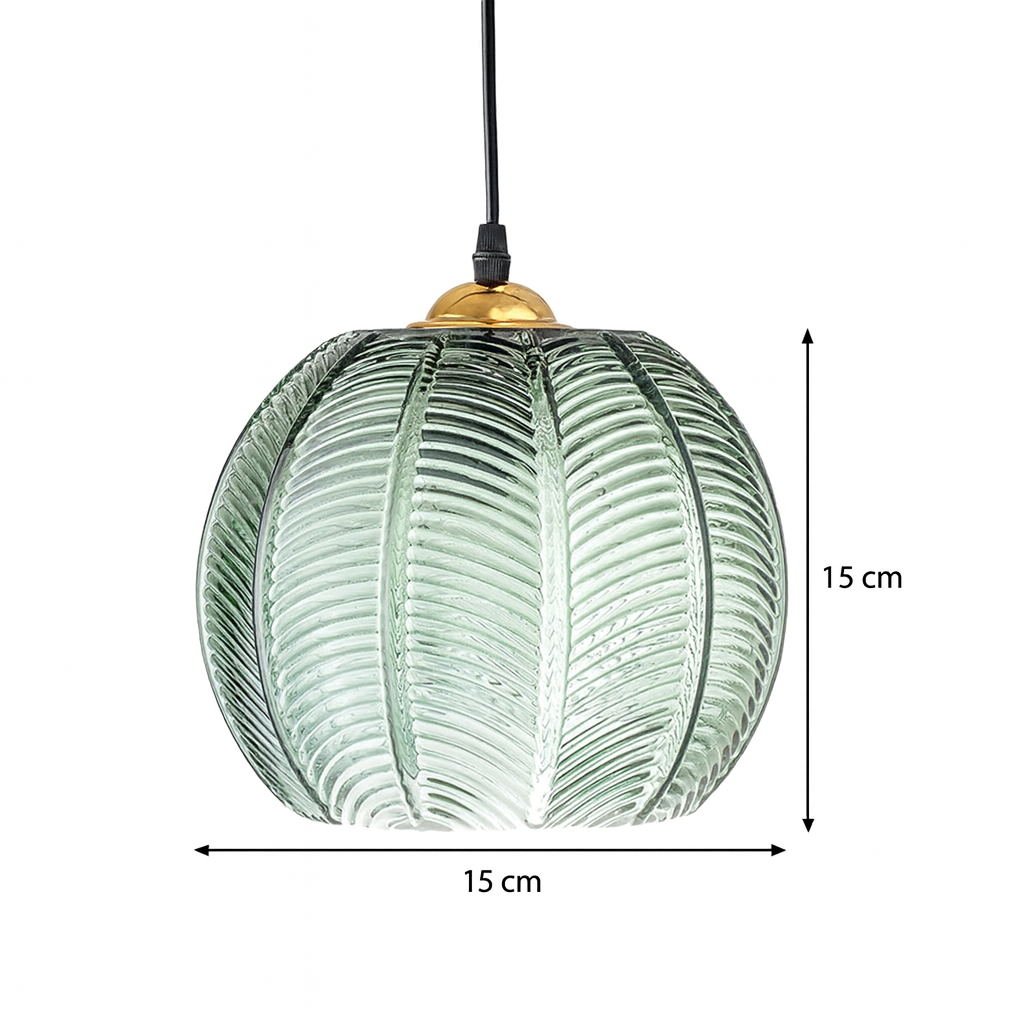 Green Pumpkin Ribbed Glass Pendant Lamp – Retro Vintage Hanging Light with Gold Details for Kitchen, Dining & Bedroom