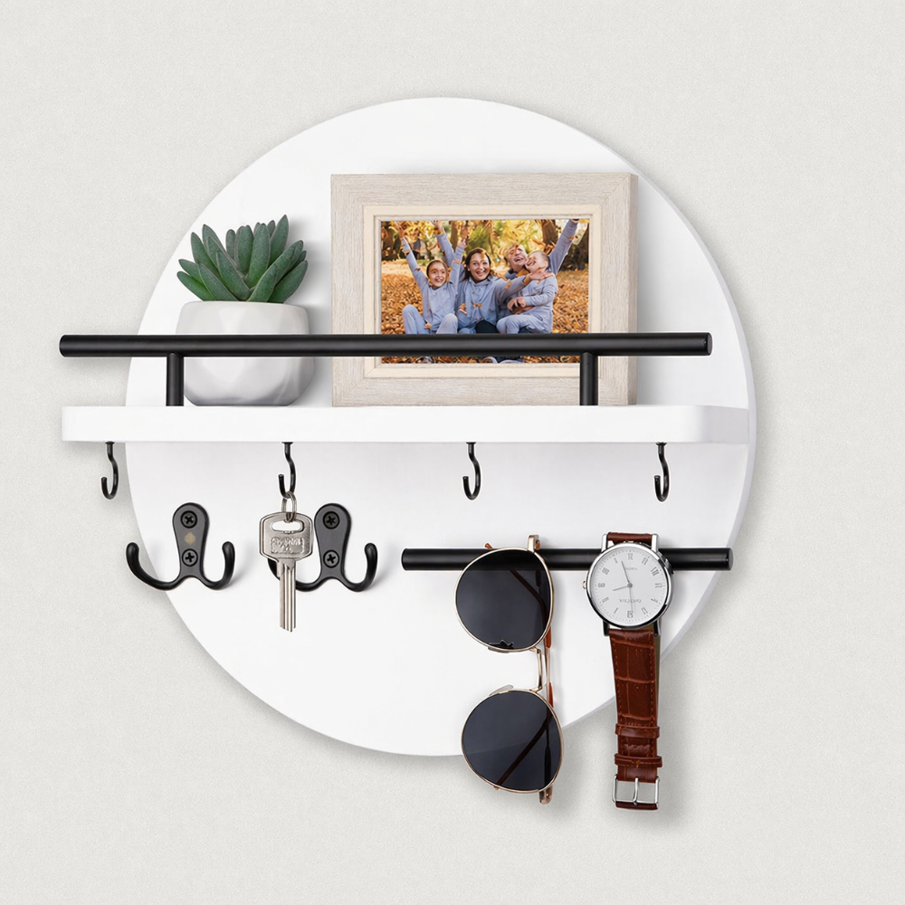 Round Wooden Wall Key Holder with Shelf – Eco-Friendly Entryway Organizer with Hooks for Keys, Mail & Sunglasses