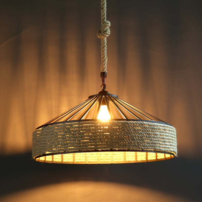 Rustic Hand-Woven Hemp Rope Pendant Light – Vintage Farmhouse Ceiling Lamp with Metal Frame & Adjustable Cord