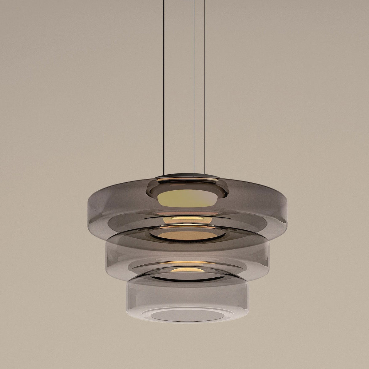 Bauhaus Layered Glass LED Pendant Light – 12W Warm White Tiered Hanging Fixture in Amber, Green or Smoke Grey, 6 Sizes