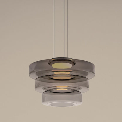 Bauhaus Layered Glass LED Pendant Light – 12W Warm White Tiered Hanging Fixture in Amber, Green or Smoke Grey, 6 Sizes