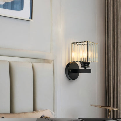 Modern Crystal Glass & Iron Wall Sconce – Round or Square Luxury Wall Light in Black or Gold, 15 x 24 cm, Bedroom & Hallway