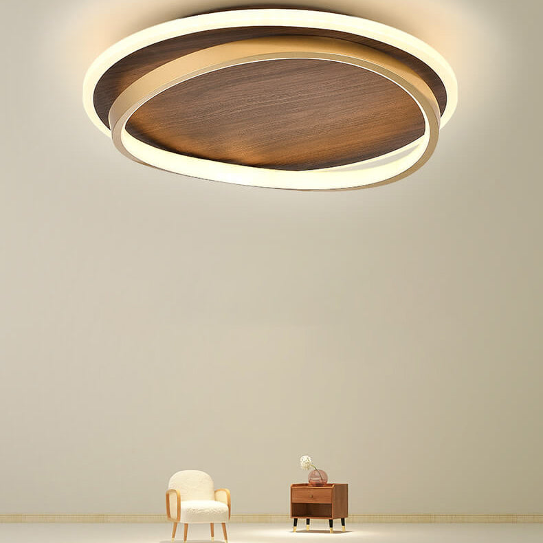 Modern Round Walnut & Gold LED Ceiling Lamp – Eye-Friendly Flush Mount with 3 Changeable Colors, 37 to 57 cm