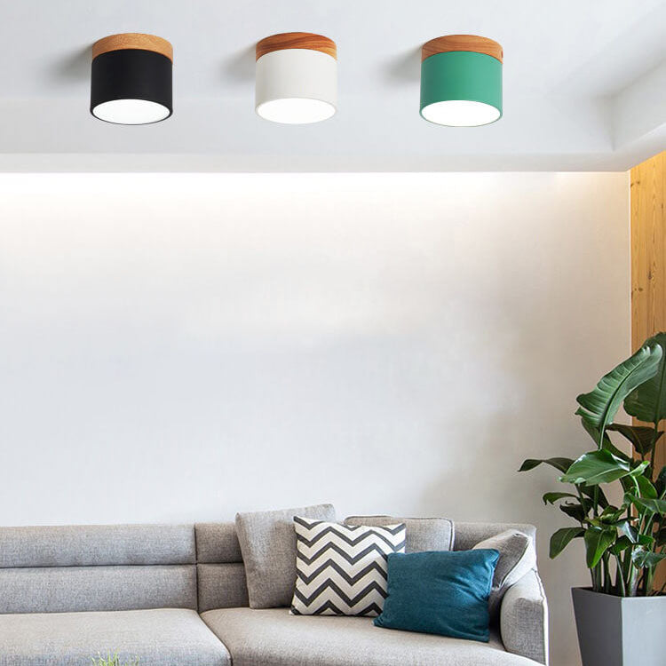 Scandinavian Macaron LED Ceiling Light with Wood Accent – Compact 7W 700 Lumen Flush Mount with 3-Color Light in 7 Colors