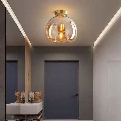 Nordic Glass Globe Semi-Flush Ceiling Light – Smoke Grey or Amber Glass Ball Fixture for Hallway, Bedroom & Living Room