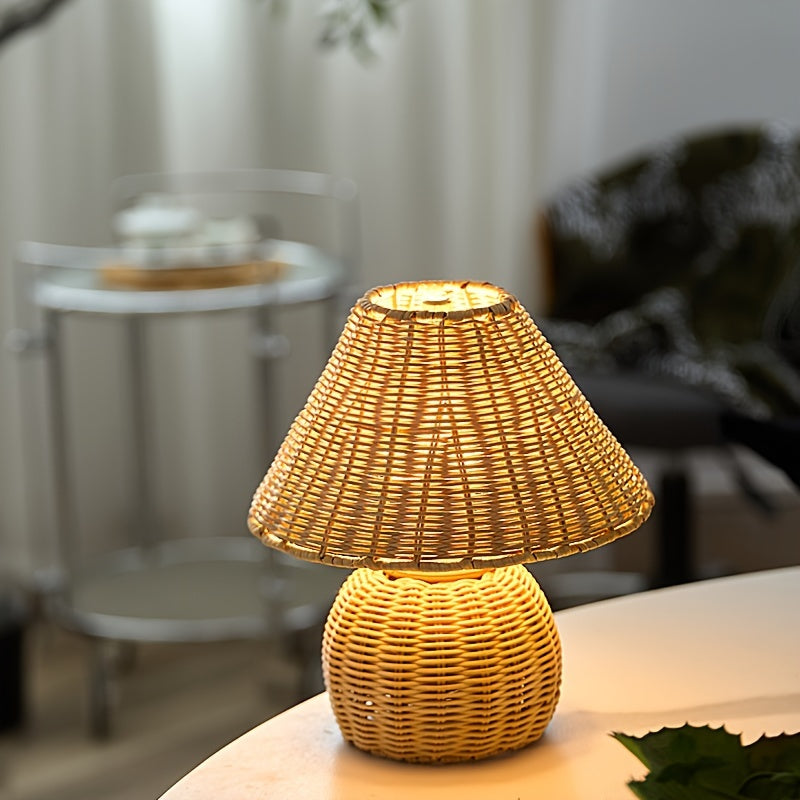 Handwoven Bamboo Desk Lamp – USB-Powered Boho Rattan Table Light with Natural Woven Shade for Bedroom & Reading Corner