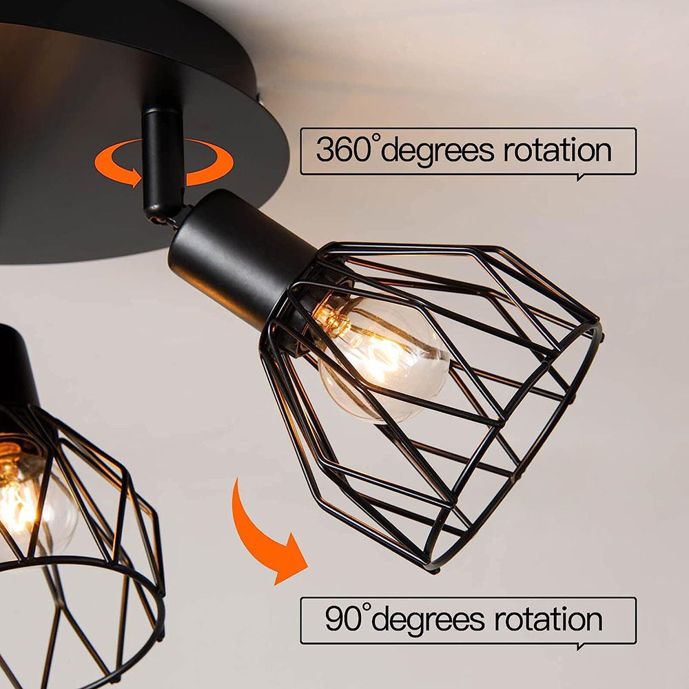 Industrial Adjustable Black Spotlight Ceiling Light – Vintage Geometric Wire Cage Fixture for Kitchen, Hallway & Bedroom