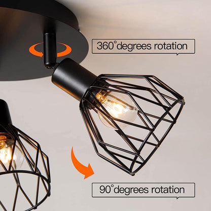 Industrial Adjustable Black Spotlight Ceiling Light – Vintage Geometric Wire Cage Fixture for Kitchen, Hallway & Bedroom