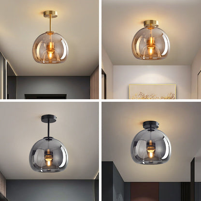 Nordic Glass Globe Semi-Flush Ceiling Light – Smoke Grey or Amber Glass Ball Fixture for Hallway, Bedroom & Living Room